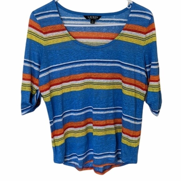 Lauren Ralph Lauren Women Top Striped 100% Linen Turn Back Cuffs Large Petite - Picture 1 of 7